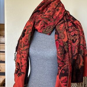 Elegant orange and Brown Floral Scarf with Fringe